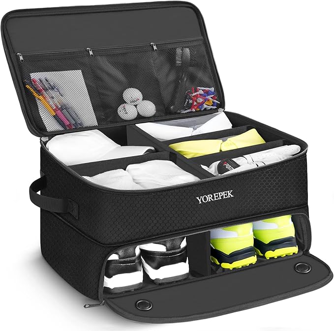 YOREPEK 2 Layer Golf Trunk Organizer, Golf Gifts for Men with Separate Ventilated Compartment for 2 Pair Shoes, Waterproof Car Trunk Locker for Balls, Tees, Clothes, Gloves, Gifts for Golfers