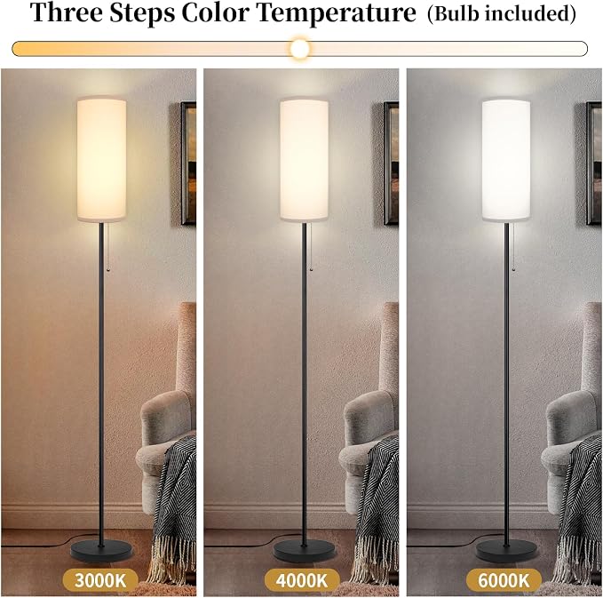 Floor Lamp for Living Room, Modern Standing Lamps with Lampshade, Minimalist Tall Lamp with Chain Switch for Living Room, Bedroom, Kids Room, Office,Standing Lamp LED Bulb Included (White Shade)