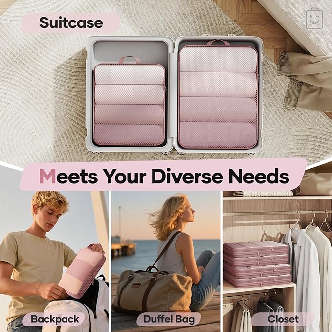 Veken 6/9/11 Set Compression Packing Cubes for Travel Essentials,Compressible Expandable Large Luggage Suitcase Organizer Bags for Clothing,Durable Space Saver Storage Bags(Light Coral)