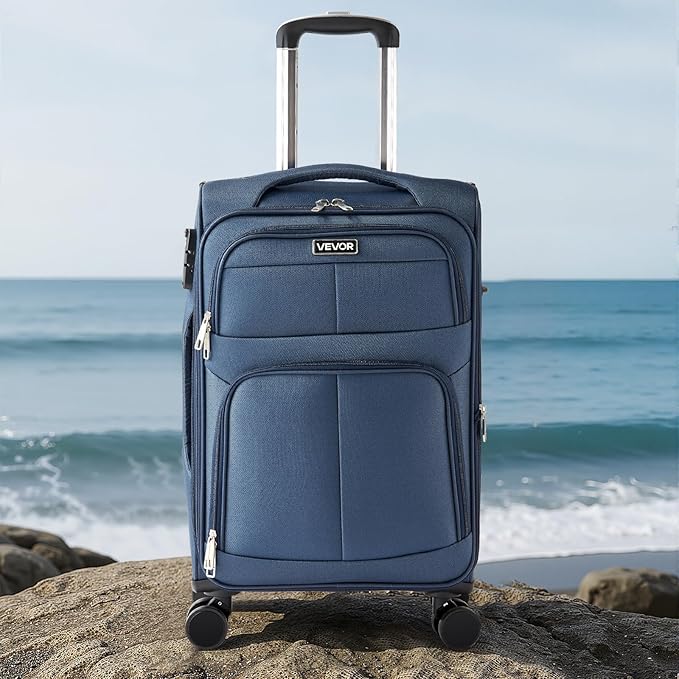 VEVOR Softside Expandable Luggage with Spinner Wheels, 20-Inch Softside Carry on Luggage, Lightweight Checked Suitcase with Expandable Zippered Pocket and TSA Lock, Blue