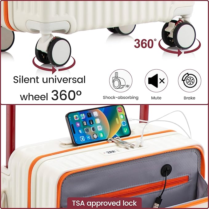 20 Inch Carry On Luggage with Spinner Wheels,PC Hard Shell Suitcase with USB Port,Lightweight Travel Luggage Airline Approved for Men Women, White