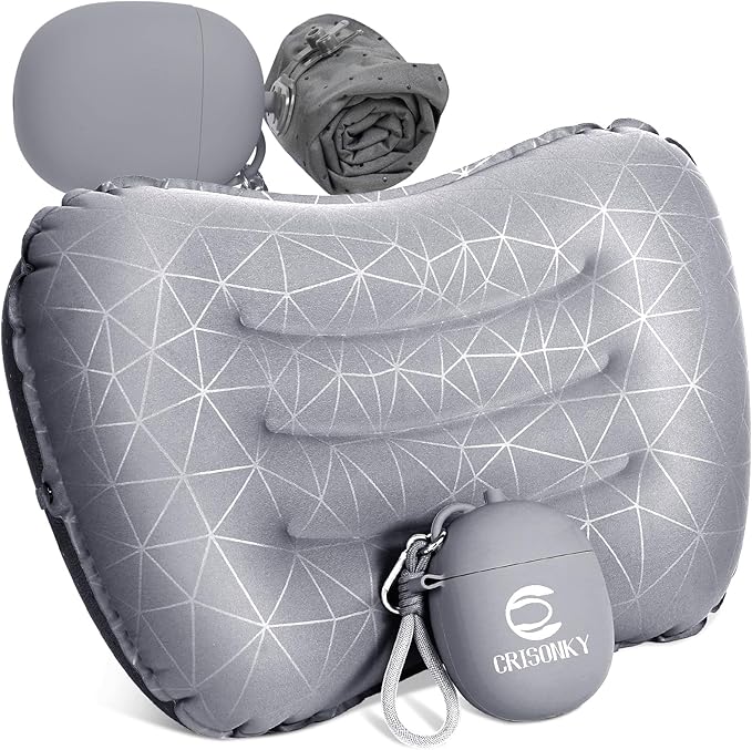 Camping Inflatable Pillow with 2-in-1 Silicone Air Pump Storage Bag – Ultralight Travel Pillow for Airplane, Lumbar Support, Dual Valve Easy Inflate, Compressible Ergonomic (Grey)