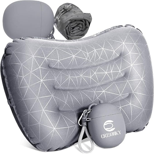 Camping Inflatable Pillow with 2-in-1 Silicone Air Pump Storage Bag – Ultralight Travel Pillow for Airplane, Lumbar Support, Dual Valve Easy Inflate, Compressible Ergonomic (Grey)