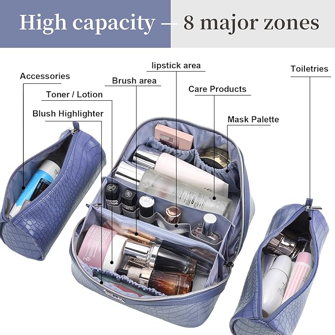 BOYATU Travel Makeup Bag Cosmetic Bags for Women: 3 Pcs Set Large Capacity Make up Bag with Handle - Crocodile Pattern Vegan Leather Toiletry Bags Travel Essentials with Compartments(E-3-Blue)