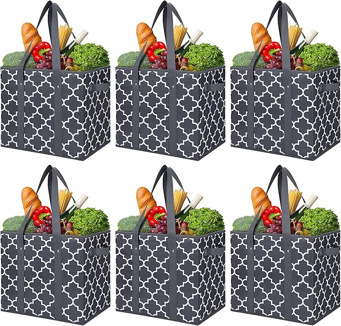 WISELIFE Reusable Grocery Bags 6-Pack Foldable Washable Large Storage Bins Basket Water Resistant Shopping Tote Bag Dark Grey