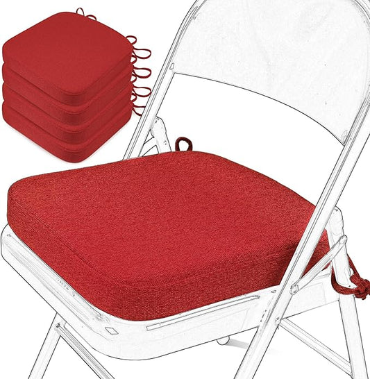 SINOSSO Memory Foam Chair Cushions for Folding Chairs 4 Pack, Thickened 2" Square Pads with Ties for Kitchen Chairs, Indoor Non-Slip Dining Chair Seat Cushions (4 Pcs, Red)
