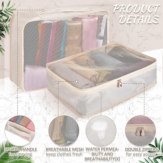 Silkfly 12 Pcs Packing Cubes for Suitcase Travel Luggage Bags Bulk Mesh Organizer Set for Hiking Camping Backpacking Clothes Accessories (Khaki)