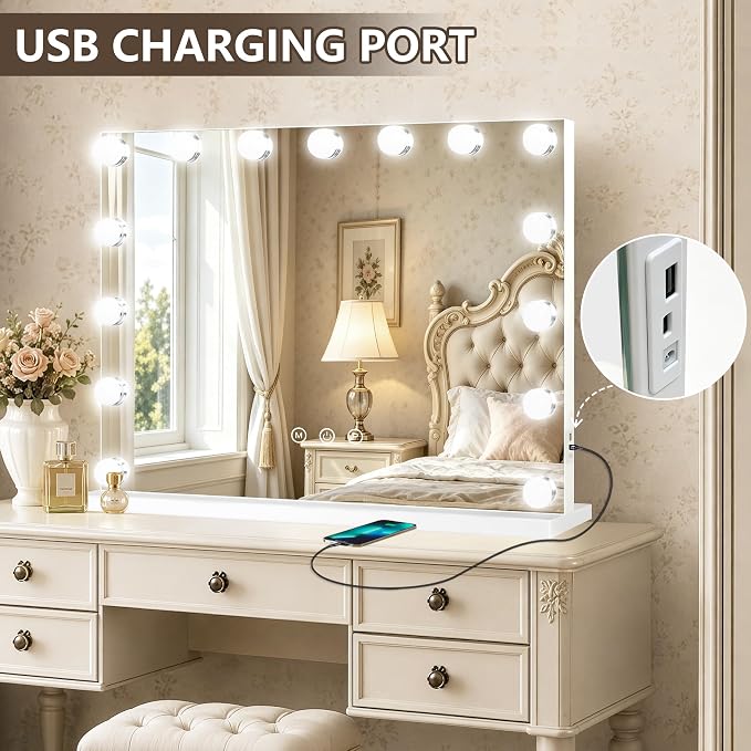Ratsamee Hollywood Vanity Mirror with Lights, 23" x 18", 15 Dimmable Bulbs, 3 Color Lights, Make Up Lighted Mirror, USB Charging Port, Gifts for Women Wife Teengirls White