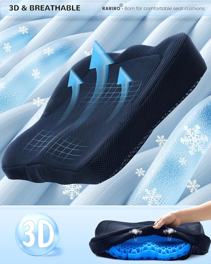 Thickened Gel Seat Cushion, Egg Gel Chair Pads for Wheelchair Pressure Coccyx Sciatica Pain Relief, Cooling Desk Seat Cushion for Kayak, Car, Office Chair Long Sitting[Blue-2.75"]