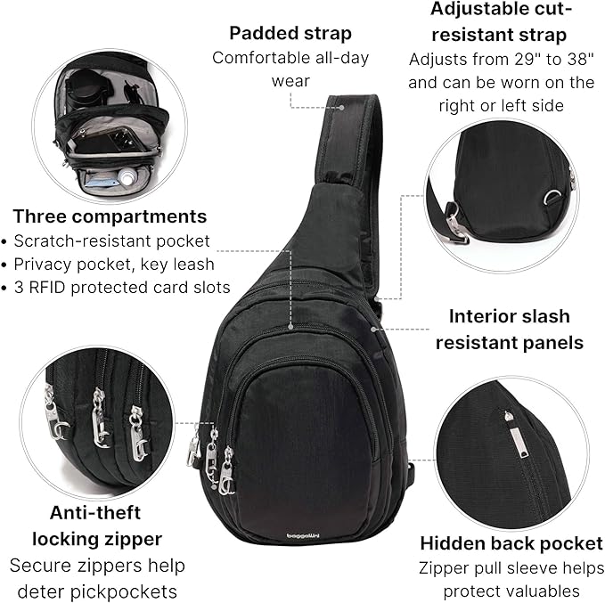 Baggallini Securtex® Anti-Theft Multi Zip Sling - Lightweight 8.6"x15.2" Travel Bag with Locking Zippers & RFID Protection
