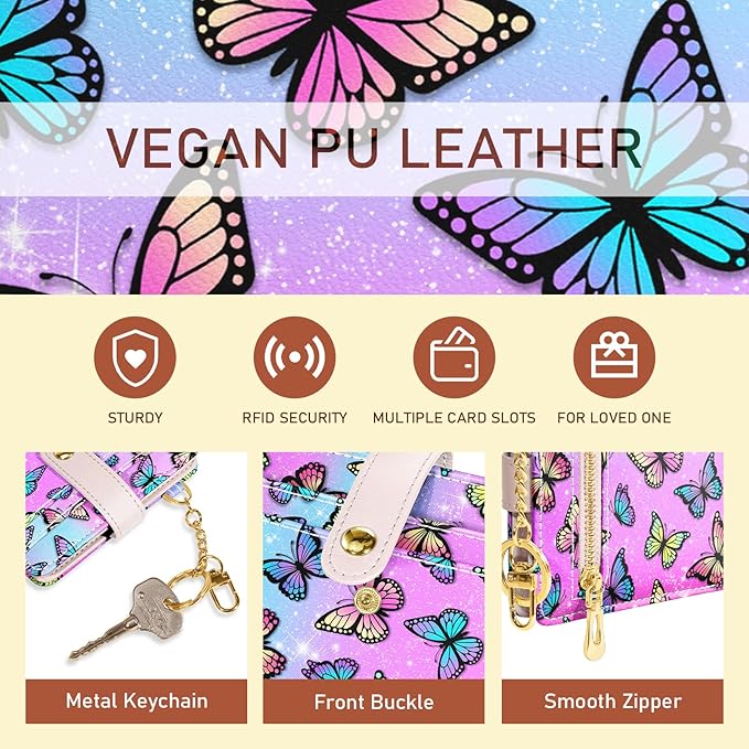 Jogjam Butterfly Rfid Women Wallet, Small Slim Thin Credit Card Wallet, PU Leather Bifold Cash Zipper Coin Pocket ID Window for Female Ladies Teen Girls Girly