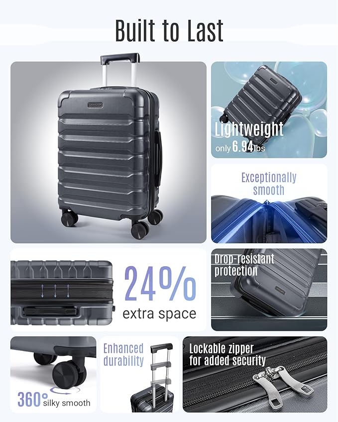 LIGHT FLIGHT Carry On Luggage 22x14x9 Airline Approved, Expandable Carry On Suitcases with Wheels, Lightweight Luggage, Durable Hard Shell 20 Inch Rolling Suit Case for Men Women Travel, Gray