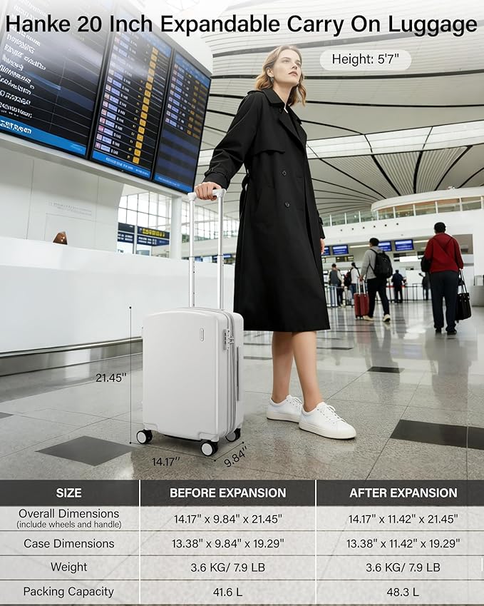 Hanke Expandable Carry On Luggage 22x14x9 Airline Approved, 20 Inch Hard Shell Suitcases with Wheels, Lightweight Travel Luggage Carry On Suitcase for Woman & Men with Tsa Lock(Smoke White)
