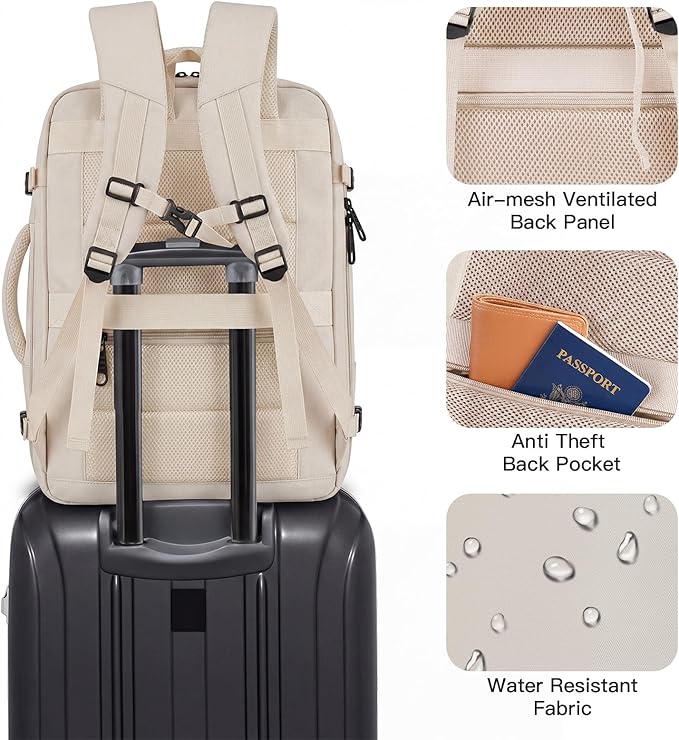Travel Backpack, Extra Large 50L Expandable Backpack for Men Women, Carry On Backpack For Airplanes, Travel Essentials Luggage Suitcase Daypack Travel Gift Weekender Bag, Beige