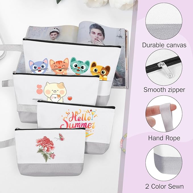 10 Pieces Cotton Canvas Makeup Bag with Bottom and Strap, Multi-Purpose Cosmetic Bag with Zipper Travel Toiletry Pouch, Blank DIY Craft Bag (White&Grey, XS)