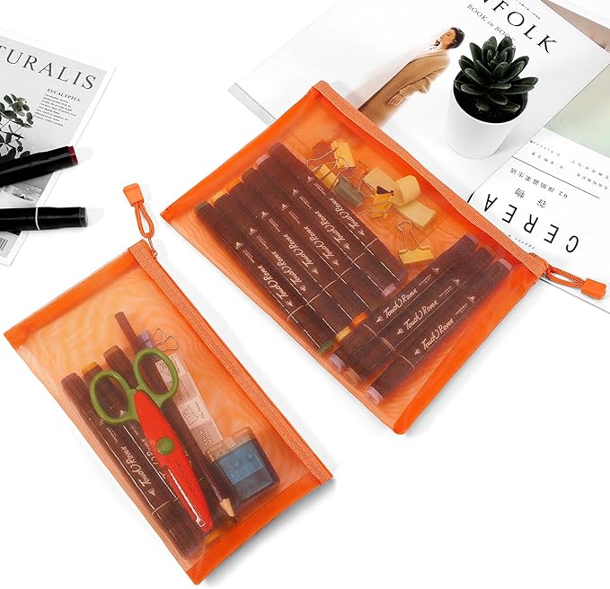 12 Pieces Zipper Nylon Mesh Pouch, Mesh Cosmetic Bags Makeup Bags Pencil Case, Multipurpose Travel Bags for Cosmetic School Office Supplies and Travel Accessories (Orange, A5+B6)
