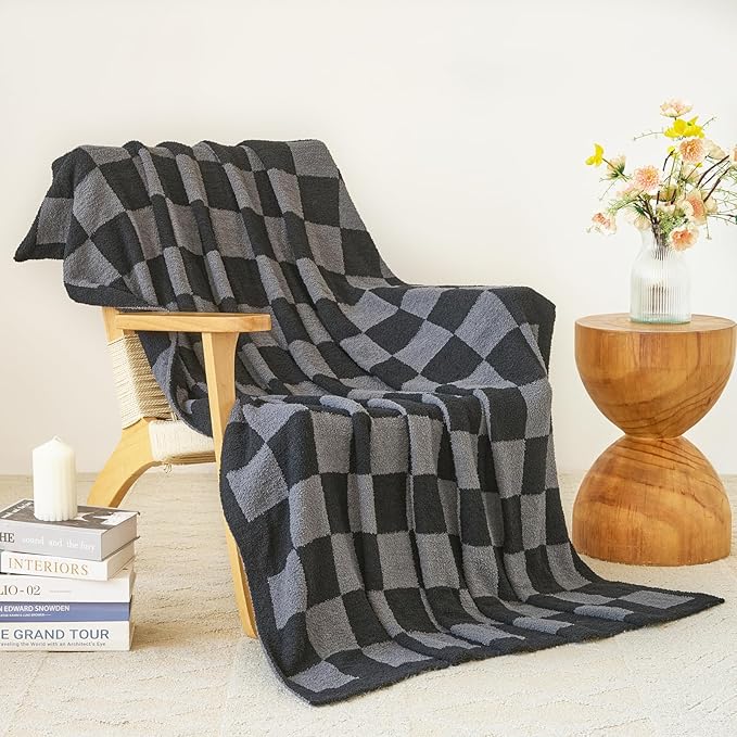Checkered Blanket, Cozy Soft Throw Blankets for Couch Bed, Fluffy Plaid Lightweight Comfy Travel Picnic Blanket Gifts for Sofa Chair Living Room Camping (Black&Grey, Throw 50"x60")