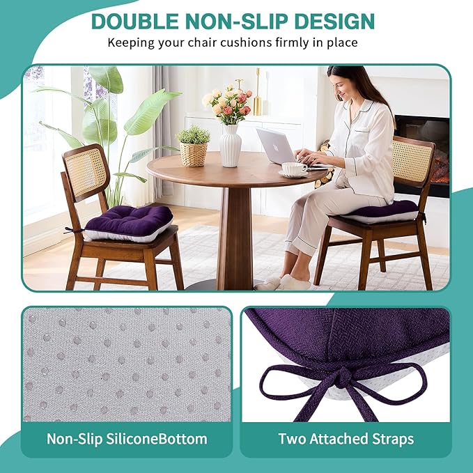 BETU Chair Cushions for Dining Chairs Set of 4,3.5" Thick Kitchen Table Chair Pads with Ties,Non Slip Backing and Covers, Seat Cushion for Dining Room,Bar,Patio Chairs,16"X16"X3.5",Dark Purple