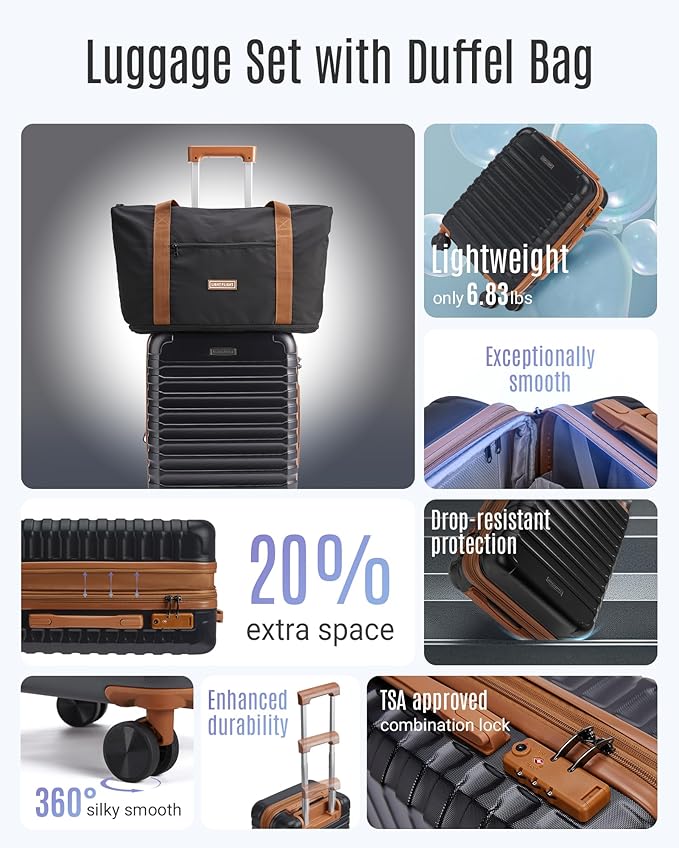 LIGHT FLIGHT Luggage Sets, Carry On Luggage 22x14x9 Airline Approved, Carry On Travel Bag Suitcases with Wheels, Expandable Hardside Lightweight Rolling with TSA Lock 2-Piece Set (DB/20),Black/Brown