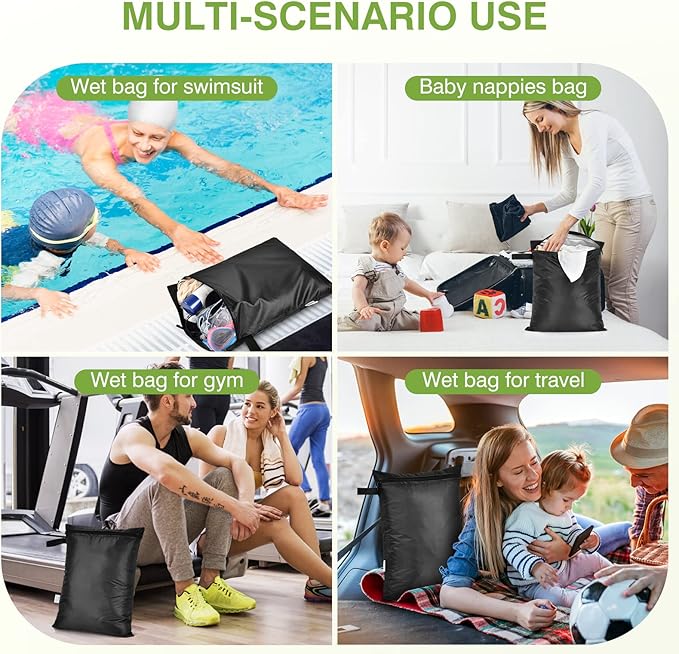OTraki 12x16 inch Wet Bag 2Pcs Waterproof Swim Bag for Wet Clothes Small Swimsuit Dirty Clothes Laundry Bag Travel Machine Washable for Gym Beach Pool Drying Do Not Exceed 176℉ Black