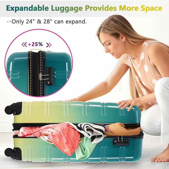Merax Suitcase Set, Hardshell Luggage Sets 3 Piece with Spinner Wheels, Expandable Gradient Color Suitcase with TSA Lock Lightweight 20" 24" 28",Green and Yellow