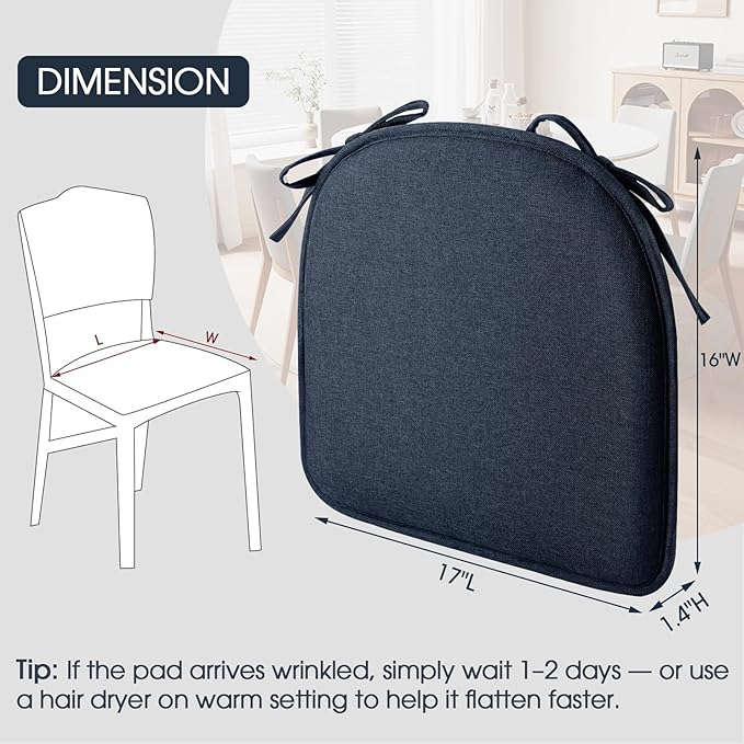 TushGuard Chair Cushions for Dining Chairs Set of 4, Soft Seat Cushions for Kitchen Chairs, Non-Slip Bottom with Ties, Comfortable Everyday Chair Pads, Blue