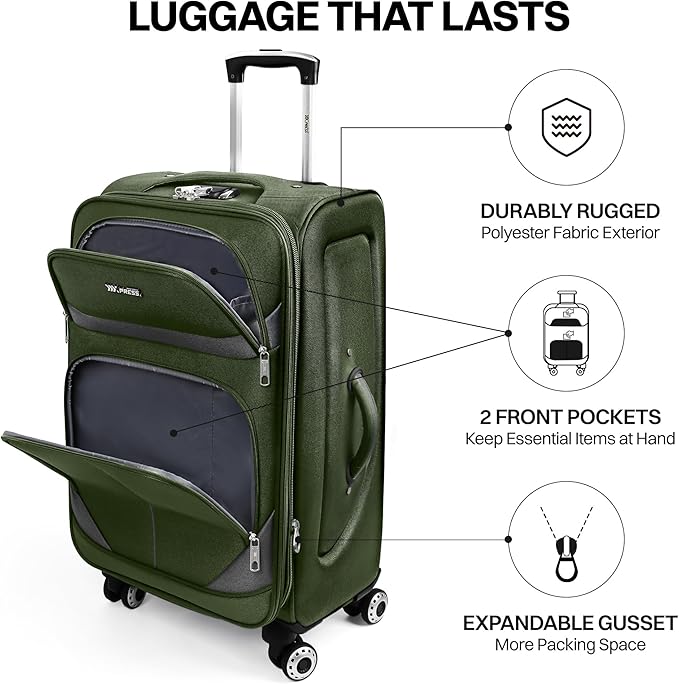 28" Large Softside Expandable 15% Checked Luggage with Double Spinner Wheels LOCK,Lightweight Travel Suitcase for Men/Women（Green-Grey,28in）