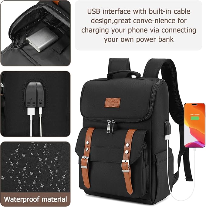 YALUNDISI Vintage Backpack Travel Laptop Backpack with usb Charging Port for Women & Men College Backpack Fits 15.6 Inch Laptop Black Brown