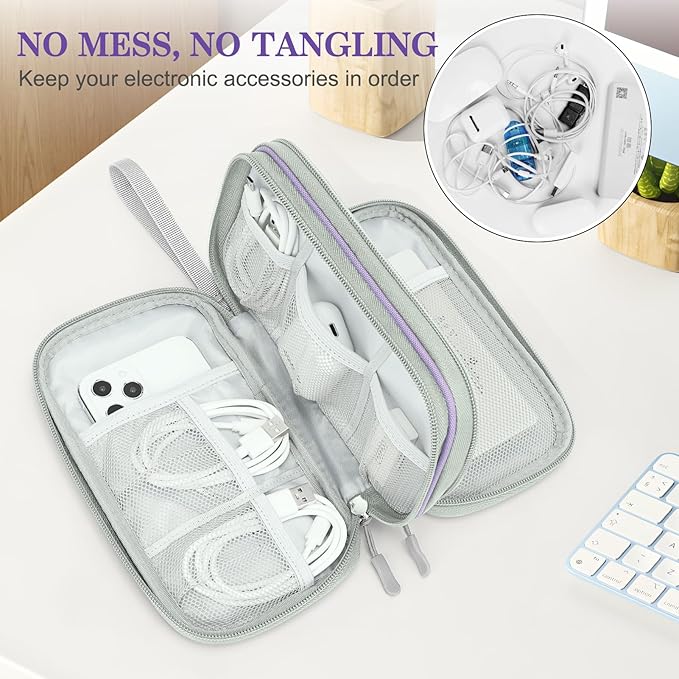 FYY Electronic Organizer, Travel Cable Organizer Bag Pouch Electronic Accessories Carry Case Portable Waterproof Double Layers Storage Bag for Cable, Charger, Phone, Medium Size, Light Purple