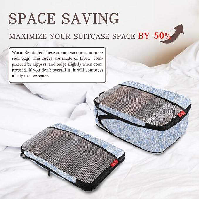 U+U 4 Set Compression Packing Cubes - Ultralight Travel Organizers, Space-Saving Suitcase Organizer, Expandable Packing Cubes for Travel, Business Trip and Family Vacation (Blue Flower)