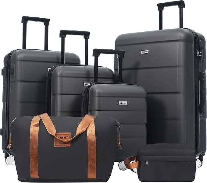 Merax Luggage Sets,6 Piece Carry on Suitcase with Travel Bags,Hardcase Suitcase Set with Double Spinner Wheels,16/20/24/28 IN Luggage Airline Approved,Charcoal