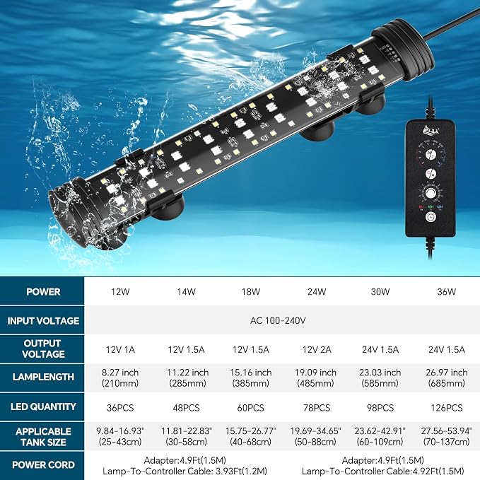 AQQA 19.09 Inch Submersible Aquarium Light, 24/7 Mode Fish Tank Light | 7 Adjustable Angles, 9 Color Options, 4 Rows Beads, Dimmable & Timer Control, IP68 Waterproof Full Spectrum Plant Light