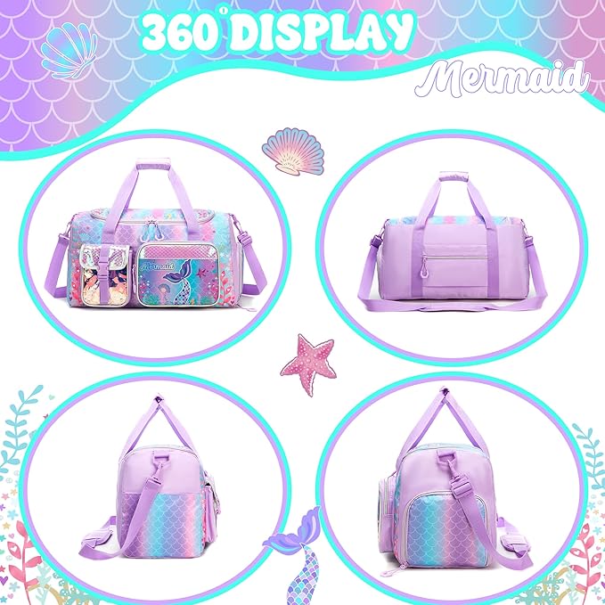 Kids Duffle Bag for Girls Dance Bag for Kids Mermaid Ballet Bags for Girls 6-8 Gymnastics Sports Overnight Bags with Shoes Compartment