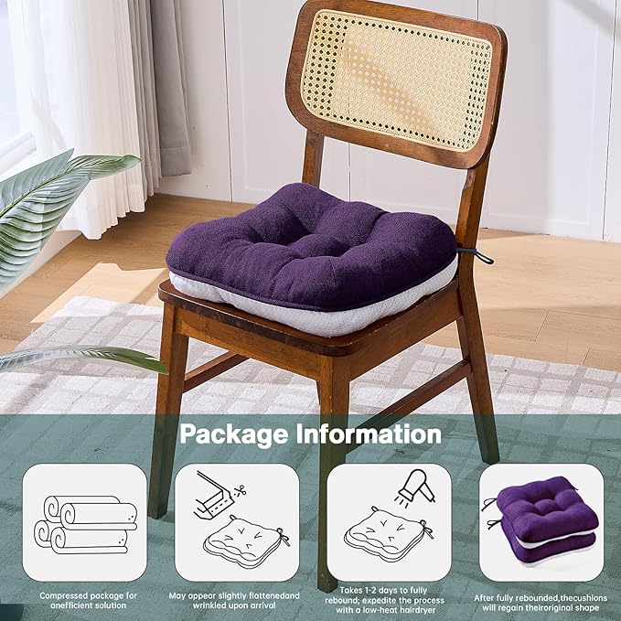 BETU Chair Cushions for Dining Chairs Set of 6,3.5" Thick Kitchen Table Chair Pads with Ties,Non Slip Backing and Covers, Seat Cushion for Dining Room,Bar,Patio Chairs,16"X16"X3.5",Dark Purple