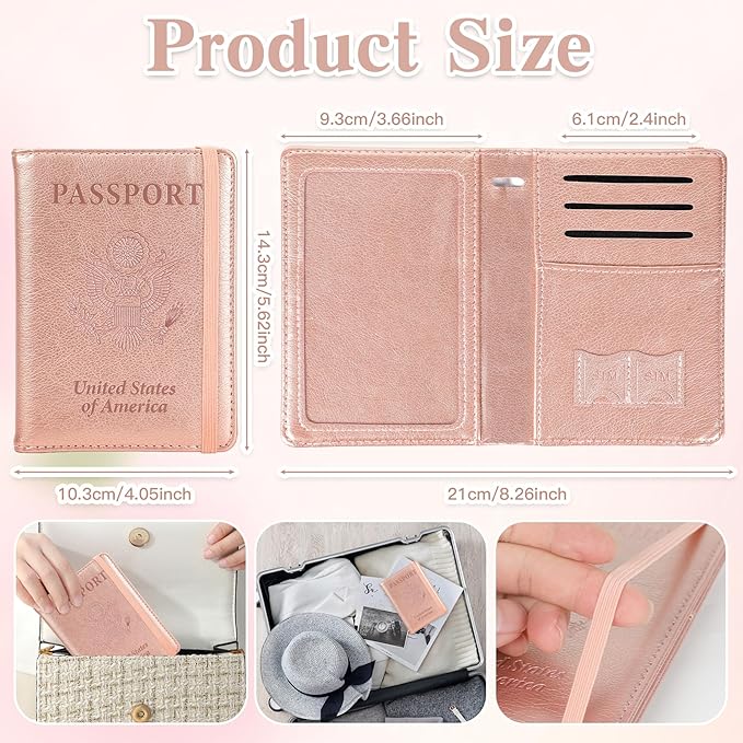 Passport Holder for Travel, RFID Blocking Passport Cover with Pen Holder Leather Passport Wallet Case Travel Must Haves Accessories Passport Book Card Holder for Family Travel Essentials, Rose Gold