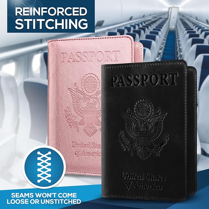 Ciana Passport Holder for Travel – PU Leather Passport Cover and Card Holder for Men & Women – Slim Passport Holder with Card Protector Slot, Travel Must Haves (Black & Pink)