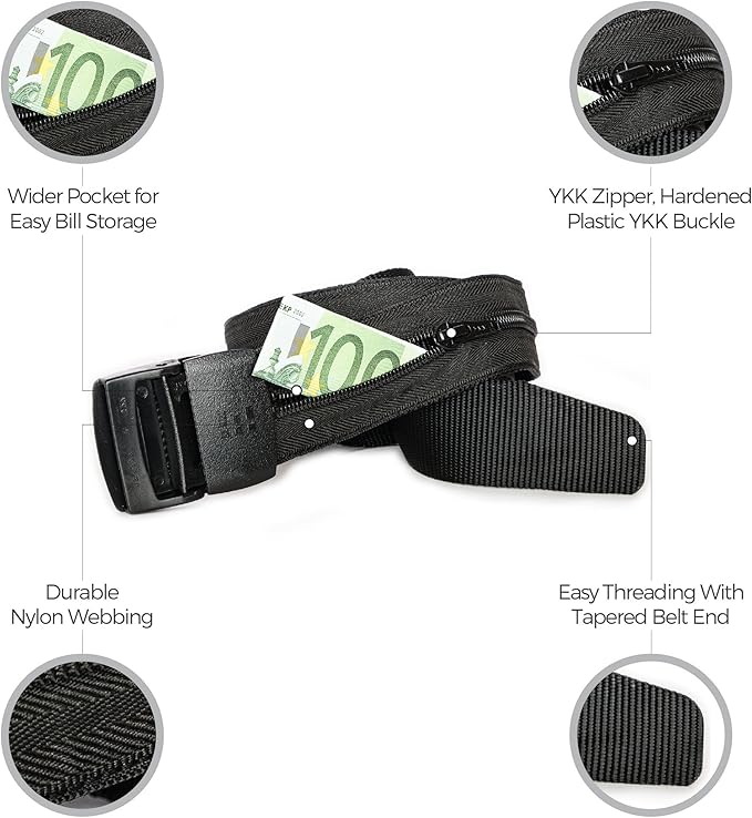 Travel Security Belt - Hidden Money Belt Pouch - Anti-Theft Concealable Design with Zipper Pocket for Cash, Card, Accessories - Adjustable Fit for Men and Women