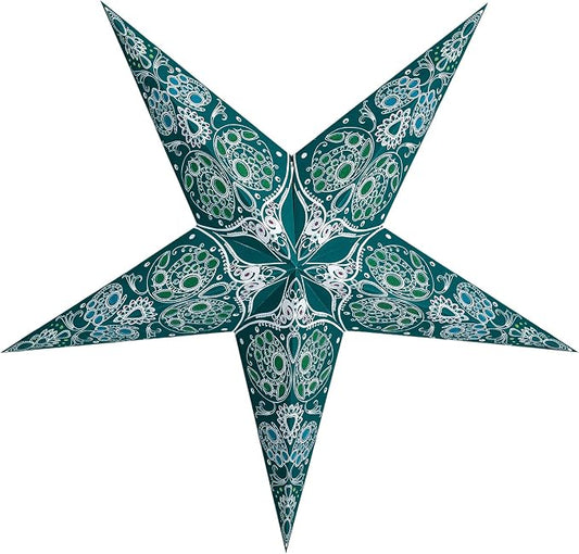 GalaxyArts Paper Star Lantern, Turquoise Maharani 24 Inch 3D 5-Pointed Light-Up Hanging Lamp, Handcrafted Hollow Home Décor for Christmas, Weddings, Holidays, Birthday, Indoor Outdoor Parties
