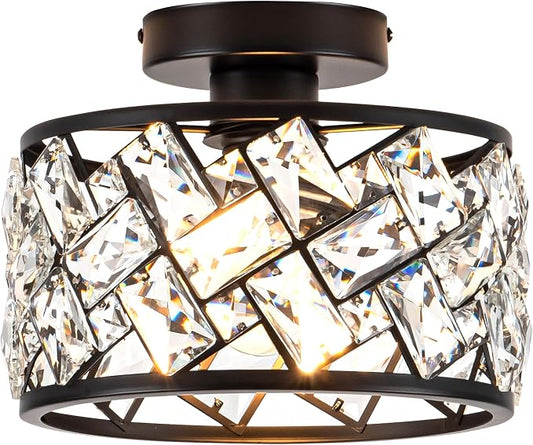 Rpzloila Crystal Ceiling Light Fixture, Modern Semi Flush Mount Ceiling Light,Crystal Chandelier for Kitchen Bedroom Bathroom Entryway, Black Finish
