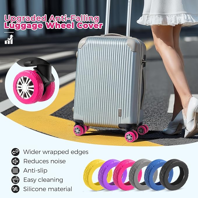 8 Pcs Upgrade Luggage Wheel Covers, Carry On Luggage Suitcases,Wear-Resistant, Anti-Noise, Silicone Wheel Protective Covers for 2-2.4" Spinner Wheel,Essential Travel Accessories (Hot pink)