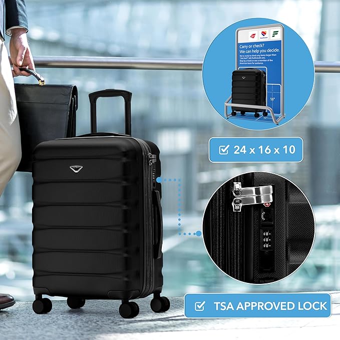 Flight Knight 24x16x10 Expandable Carry On Suitcase Hardside TSA Lock USB C Lightweight Luggage Silent Double Spinner Wheels Maximum Overhead Carry-On Bag For Virgin South West Approved Black