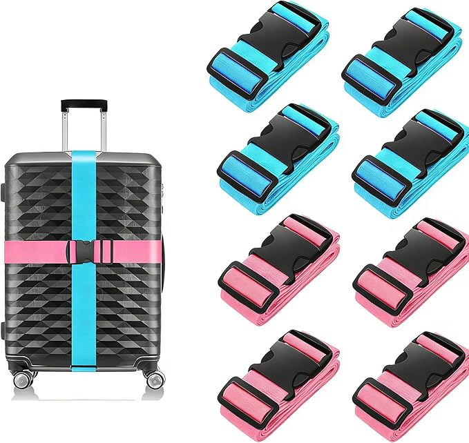 BILIONE Luggage Straps, 79" Long Belts Keep Suitcase Secure While Traveling, TSA Approved Add a Bag Premium Accessory for Travel Bag Closure (Blue+Rose Pink, 8Pcs)