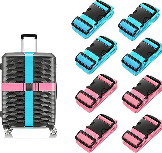 BILIONE Luggage Straps, 79" Long Belts Keep Suitcase Secure While Traveling, TSA Approved Add a Bag Premium Accessory for Travel Bag Closure (Blue+Rose Pink, 8Pcs)