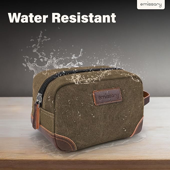 Emissary Men's Leather and Canvas Travel Toiletry Bag, Dopp Kit, Travel Bathroom Bag, Shaving Kit, Small Bags for Travel Accessories (Brown)