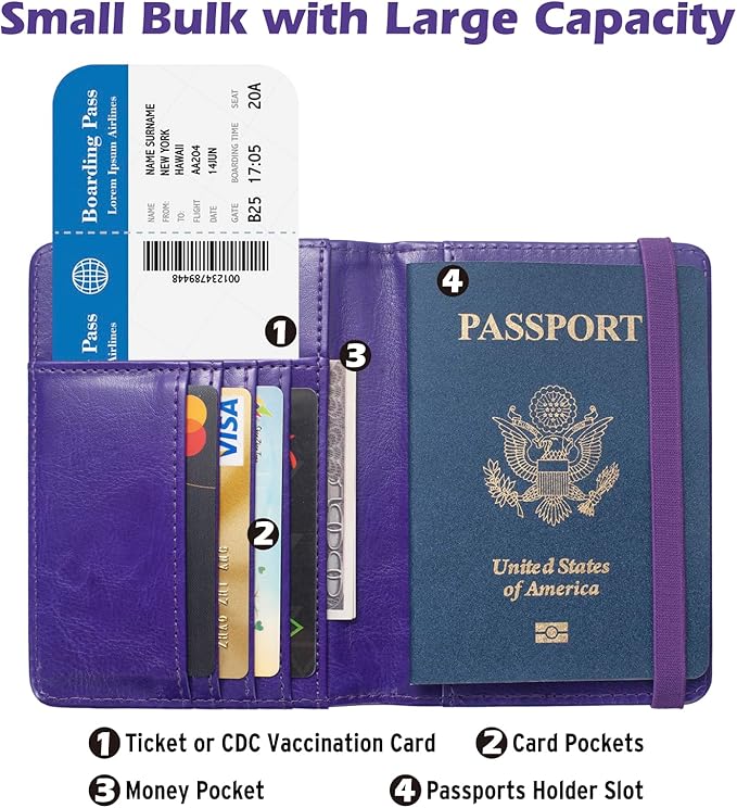Passport Holder for Travel Women, RFID US Passport Cover Wallet Case, Leather Travel Wallet RFID Blocking, Waterproof Document Protector for Traveling Accessories-Purple