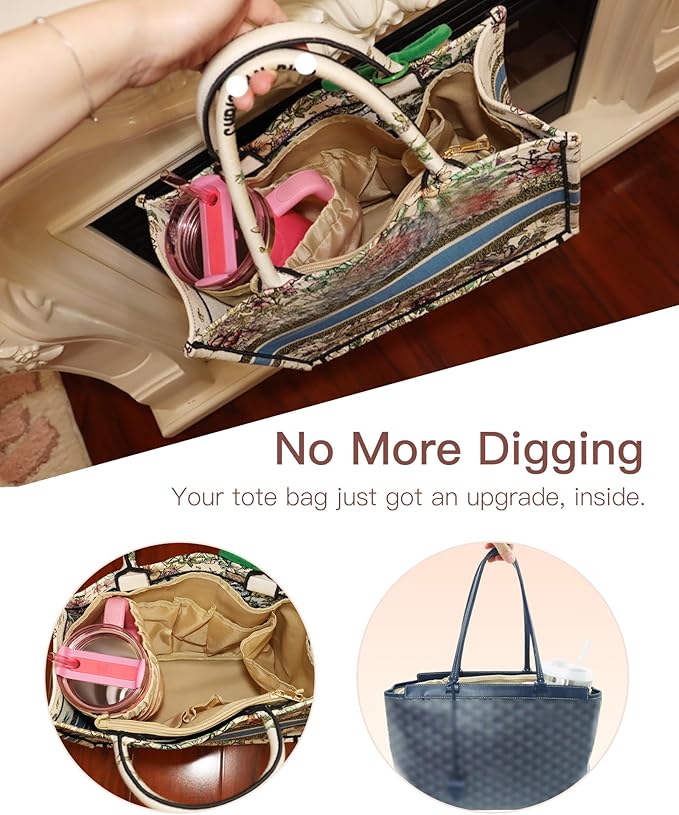 TOVICE Tote Bag Organizer Insert with Stanley Cup Holder and Zipper Bag, Compatible with Neverfull, Saint Louis and More, 9 Pockets (Beige, Medium)