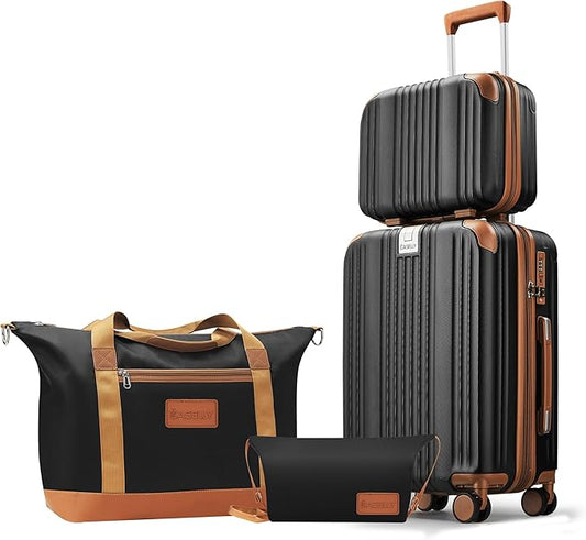 Luggage Set 3 Piece Luggage with PC+ABS Hardshell TSA Lock Spinner Wheels Carry on Lightweight Suitcase，YKK Zippers (Black, 4 piece（14/20/DB/TB）)