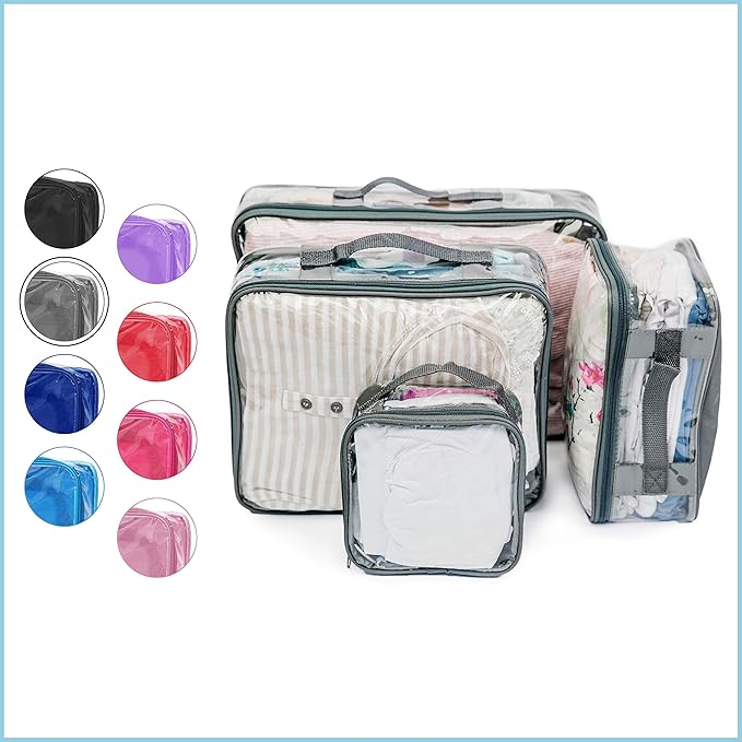 Clear Packing Cubes set of 4 / Packs 7-10 Days of Clothes/Premium PVC Plastic Storage Bags