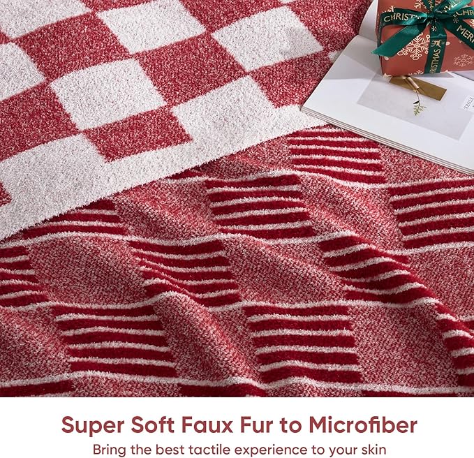 Snuggle Sac Red Checkered Christmas Blanket,Super Soft Reversible Twin Size Cozy Warm Throw Blanket for Couch Sofa Bedroom,Cute Lightweight Striped Blankets for Women,Heather Red,60x80 inches