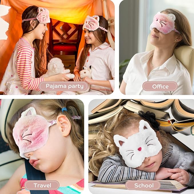 Geyoga Sleep Mask for Kids, Girls Plush Sleeping Eye Cover Soft Eye Blindfold Cover Animal Shade for Kids(White, Pink and Rainbow Color,Cat Style)